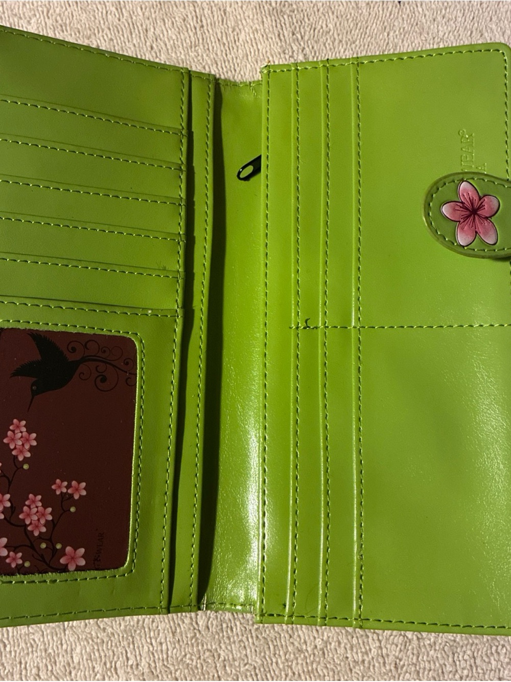 Shag Wear Vintage Hummingbird Large Bird Woman’s Wallet Faux Leather 7" Lime NEW - Picture 3 of 15
